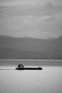 Cargo ship near the Isle of Skye, Scotland grayscale