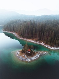 Drone shot of Eibsee lake, Germany