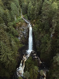 View of Plodda Falls, Scotland drone shot