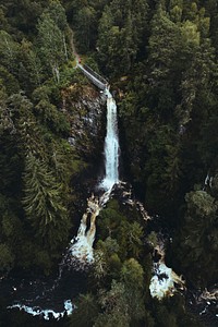 View of Plodda Falls, Scotland drone shot