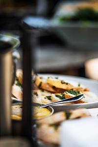 Closeup of slices of baguette with spread