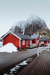 Red fishing cabins in Hamnoy, Norway 