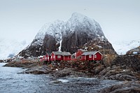 Red fishing cabins in Hamnoy, Norway