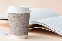 Disposable coffee cup mockup, food pattern psd