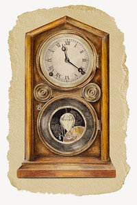 Vintage mantel clock, antique illustration, ripped paper design
