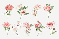 Vintage Japanese pink flower vector art print set, remix from artworks by Megata Morikaga