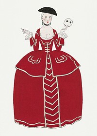 Red Victorian dress 19th century fashion, remix from artworks by George Barbier
