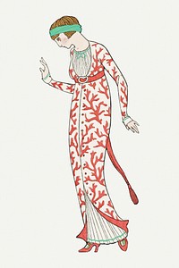 Woman in pattern dress 19th century fashion, remix from artworks by George Barbier