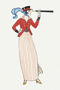Woman in vintage dress using pirate monocular, remix from artworks by George Barbier