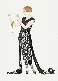Woman in black party dress 19th century fashion, remix from artworks by George Barbier