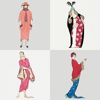 Vintage feminine fashion vector 19th century style, remix from artworks by George Barbier