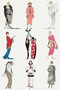 1920s women's fashion psd set, remix from artworks by George Barbier