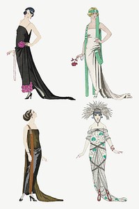Vintage feminine fashion vector set, remix from artworks by George Barbier