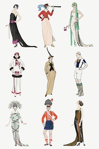 1920s women's fashion vector set, remix from artworks by George Barbier