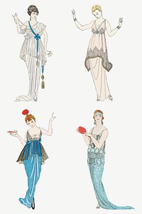 Vintage feminine fashion vector 19th century style set, remix from artworks by George Barbier