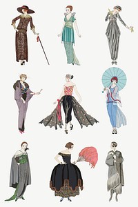 Vintage feminine 1920&#39;s fashion vector set, remix from artworks by George Barbier