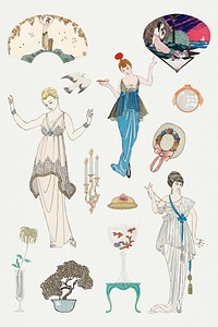 Vintage feminine fashion vector 19th century style, remix from artworks by George Barbier