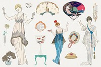 Vintage feminine fashion 1920's outfits, remix from artworks by George Barbier