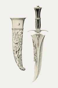 Ancient dagger illustration, melee weapon with sheath vector, remix from the artwork of Sir Matthew Digby Wyatt