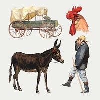 Classic farming stickers vector set hand drawn style, remixed from artworks by Samuel Colman