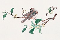 Bird perching on a tree art print, remixed from artworks by Hu Zhengyan