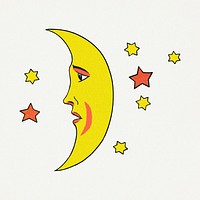 Celestial crescent moon face with stars design element