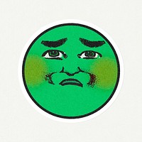 Vintage green round sick emoji sticker with white border