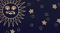 Gold celestial sun face and stars pattern on black background design element