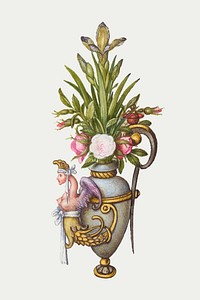 Blooming iris flower in vintage vase vector hand drawn