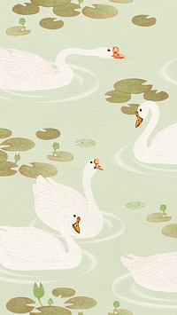 Swimming white geese in a lake pattern on a green phone wallpaper illustration