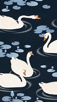 Swimming white geese in a lake pattern on a dark blue phone wallpaper illustration