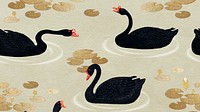 Swimming black geese with gold lotus pattern on a beige background illustration