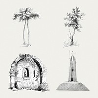 Vintage drawing buildings and trees set