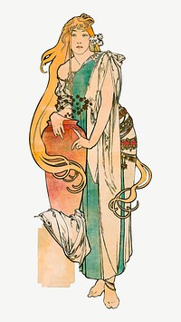 Art nouveau woman with jar illustration vector, remixed from the artworks of <a href="https://www.rawpixel.com/search/Alphonse%20Maria%20Mucha?sort=curated&amp;page=1">Alphonse Maria Mucha</a>
