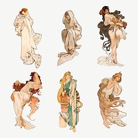 Art nouveau lady collection vector, remixed from the artworks of <a href="https://www.rawpixel.com/search/Alphonse%20Maria%20Mucha?sort=curated&amp;page=1">Alphonse Maria Mucha</a>
