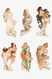 Art nouveau lady collection vector, remixed from the artworks of <a href="https://www.rawpixel.com/search/Alphonse%20Maria%20Mucha?sort=curated&amp;page=1">Alphonse Maria Mucha</a>