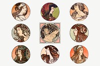 Woman art nouveau illustration vector set, remixed from the artworks of <a href="https://www.rawpixel.com/search/Alphonse%20Maria%20Mucha?sort=curated&amp;page=1">Alphonse Maria Mucha</a>