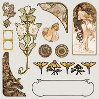 Woman and ornament art nouveau vector set, remixed from the artworks of <a href="https://www.rawpixel.com/search/Alphonse%20Maria%20Mucha?sort=curated&amp;page=1">Alphonse Maria Mucha</a>