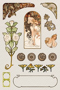Art nouveau woman and ornament psd set, remixed from the artworks of <a href="https://www.rawpixel.com/search/Alphonse%20Maria%20Mucha?sort=curated&amp;page=1">Alphonse Maria Mucha</a>