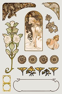 Ornament and woman art nouveau vector set, remixed from the artworks of <a href="https://www.rawpixel.com/search/Alphonse%20Maria%20Mucha?sort=curated&amp;page=1">Alphonse Maria Mucha</a>