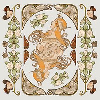 Ornament and lady art nouveau vector set, remixed from the artworks of <a href="https://www.rawpixel.com/search/Alphonse%20Maria%20Mucha?sort=curated&amp;page=1">Alphonse Maria Mucha</a>