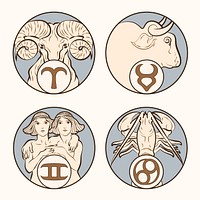 Art nouveau aries, taurus, gemini and cancer zodiac signs vector, remixed from the artworks of <a href="https://www.rawpixel.com/search/Alphonse%20Maria%20Mucha?sort=curated&amp;page=1">Alphonse Maria Mucha</a>