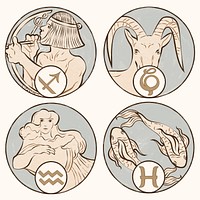 Art nouveau sagittarius, capricorn, aquarius and pisces zodiac signs, remixed from the artworks of Alphonse Maria Mucha