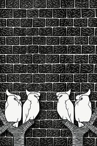 Vintage crowned cockatoos psd animal art print on brick wall, remix from artworks by Samuel Jessurun de Mesquita