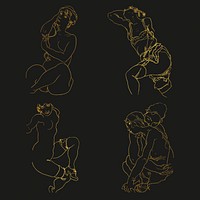 Woman gold line art drawing set remixed from the artworks of Egon Schiele.