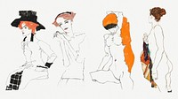 Vintage woman line art drawing psd set remixed from the artworks of Egon Schiele.