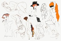Vintage woman illustration set vector remixed from the artworks of Egon Schiele.