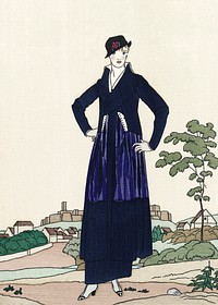 Woman in blue vintage flapper dress, remixed from the artworks by Bernard Boutet de Monvel