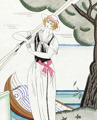 Woman holding oar vintage illustration, remixed from the artworks by Charles Martin