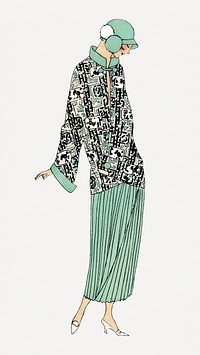 Woman psd in green flapper dress, remixed from vintage illustration published in Tr&egrave;s Parisien